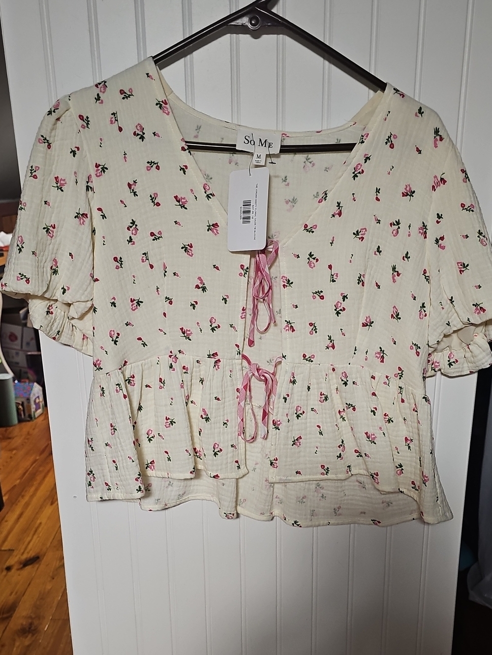 So Me Cream Floral Tie-Front Peplum Blouse - Pink Rose Print